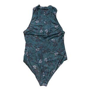 Charlotte Russe Sheer Mesh Floral Bodysuit Sz XL Womens Teal Green Sleeveless